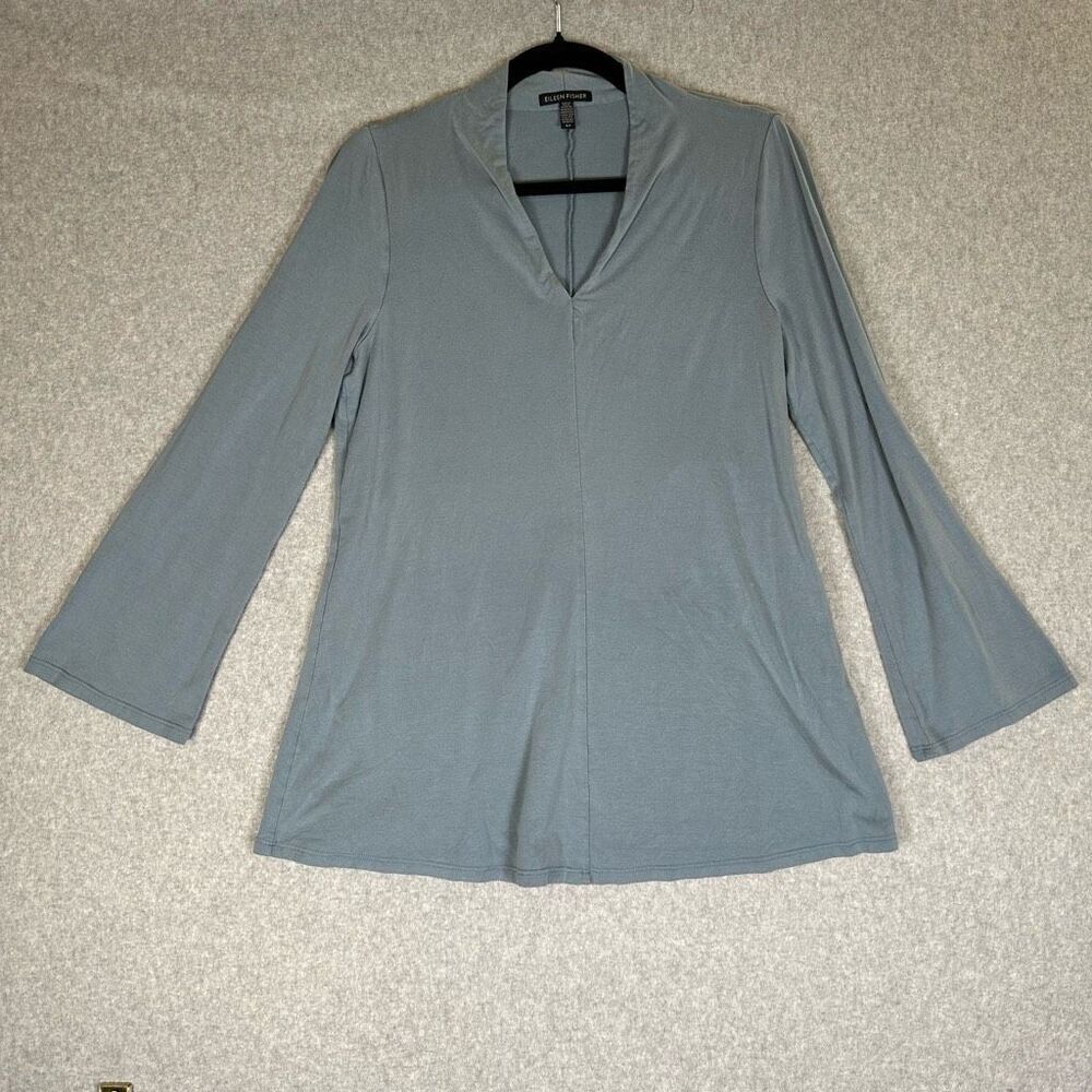Eileen Fisher Womens Size Small Pullover Tunic Top Blue Gray V Neck Long Sleeve